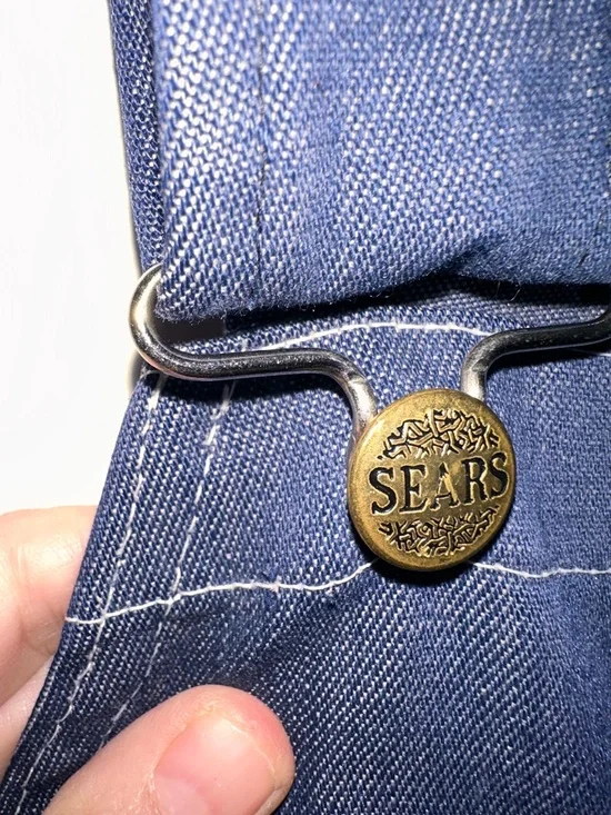 Vintage Sears Bib Denim Overalls Scovill Zipper Fly White Stitching Carpenter - Picture 3 of 8